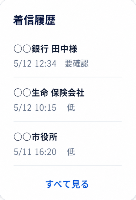 着信履歴の一覧画面。相手ごとの日時と危険度を確認できます